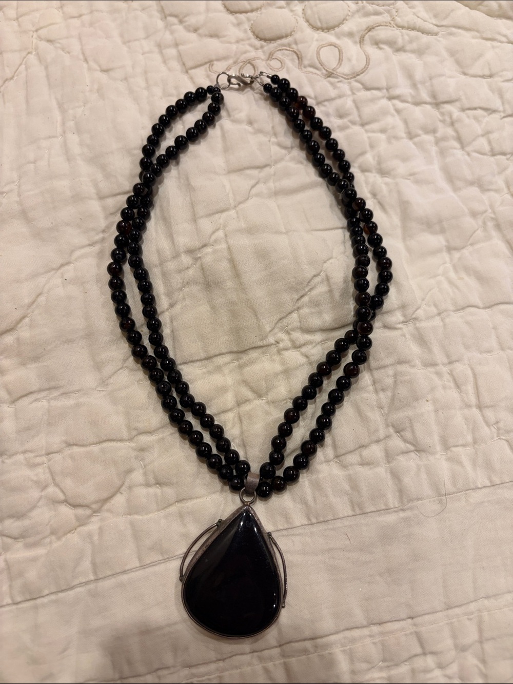 Black Beaded Double-Strand Necklace with Teardrop Pendant - Women Jewelry